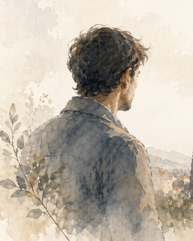 Bryan Eineg, de dos, face au paysage (aquarelle)